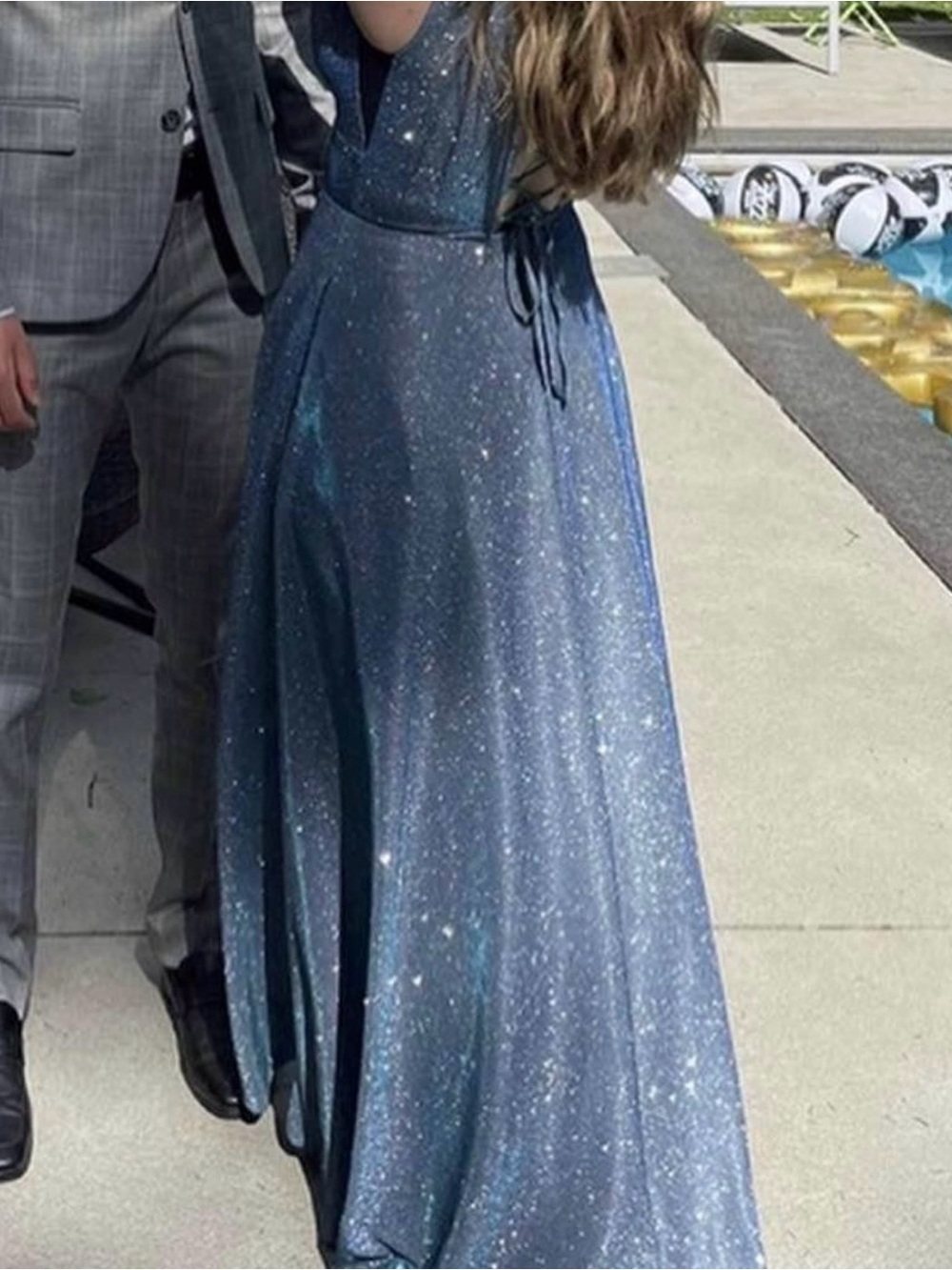 Sleeveless Sparkle V-Neck Evening Gown - Blue - Picture 3 of 3